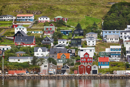 Traditional faroese village in Suduroy island. Fjord landscape. Tvoroyri photo