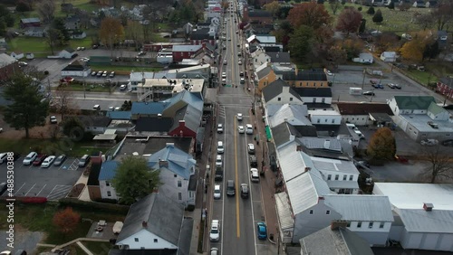 Aerial View of Main Street in Boonsboro, Maryland USA, Downtown Buildings and US-40 Alternate Route, Revealing Drone Shot photo