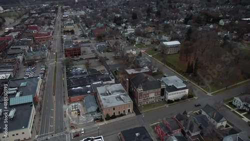 Corning City, New York State USA. Aerial View of Downtown Buildings on Dark Fall Day, Drone Shot photo