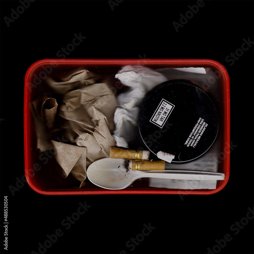 lunch box on black background, art contemporary scenography photo