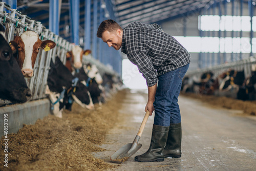 Fotografija Farmer at cowshed with pitchfork cleaning up