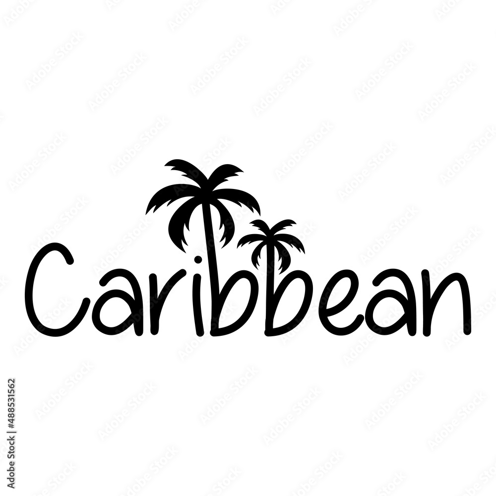 Caribbean beach. Banner con texto Caribbean con letra con forma de silueta de palmera en color negro