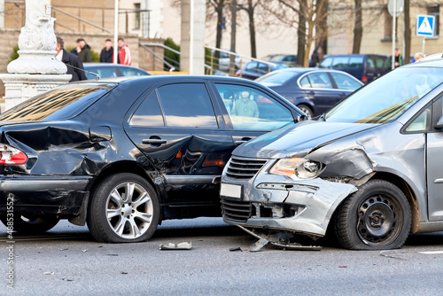 car crash accident on street. damaged automobiles © Kadmy