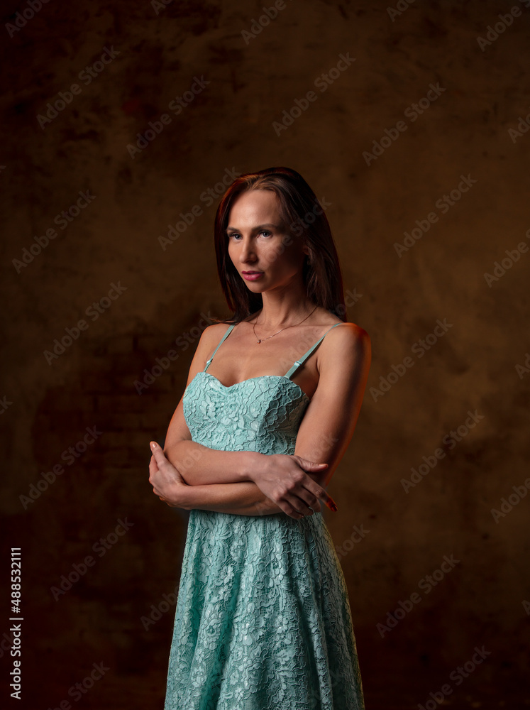 portrait of a beautiful young woman in a photo studio on a dark background