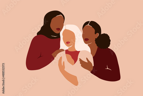 Young mother surrounded with her friends. Female community support single mother with her baby. Women help and care about moms with children. Social Aid for safe motherhood Concept.Vector illustration