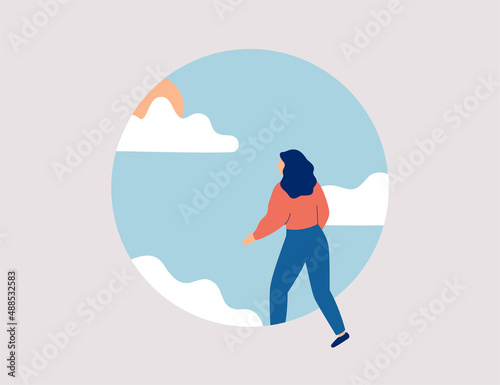 Woman starts a new life. Female doing first step in the future. Girl wants to get rid of psychological problems. Concept of mental health improvement. Vector illustration