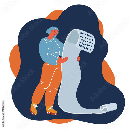 Cartoon vector illustration of woman holding a long to-do list or shopping list with a checkmark. Woman planning month, and current tasks.