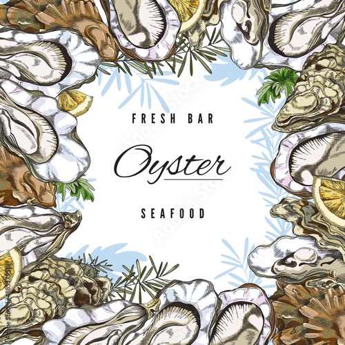 Seafood banner template with oysters hand drawn engraving vector illustration.
