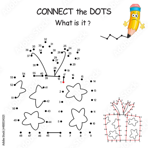 Gift Box with bow and ribbon. Dot to dot game. Connect all dots and you see which present is hidden on the picture. Join the dots by numbers to draw cartoon Box. Education Game and Coloring Page.