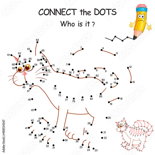 Connect the dots by numbers to draw the cartoon Cat. Dot to dot. Education Game and Coloring Page with funny Kitten. Logic Game for Kids. Education card for kid learning counting number.