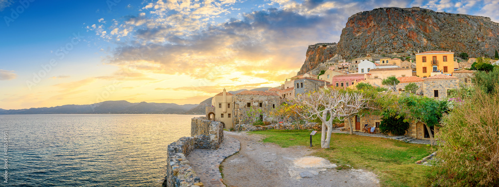 Beautiful picturesque parorama old medieval castle town of Monemvasia in Lakonia at sunrise, Peloponnese, Greece. 