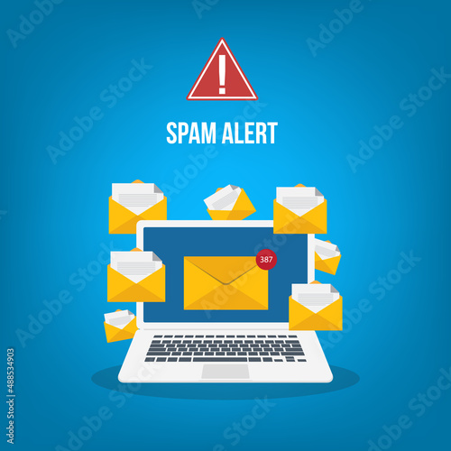 Spamming concept, a lot of emails on the screen of a monitor. Email box hacking, spam warning. Vector illustration.