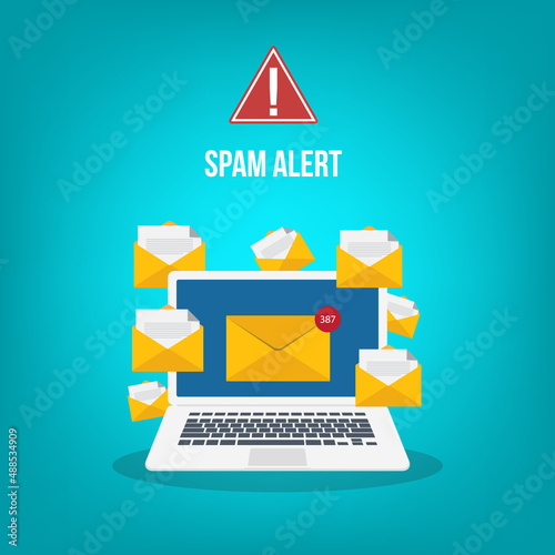 Spamming concept, a lot of emails on the screen of a monitor. Email box hacking, spam warning. Vector illustration.