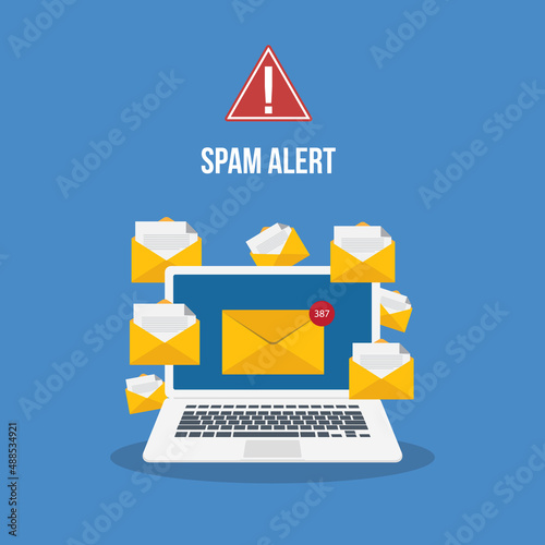 Spamming concept, a lot of emails on the screen of a monitor. Email box hacking, spam warning. Vector illustration.