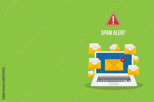 Spamming concept, a lot of emails on the screen of a monitor. Email box hacking, spam warning. Vector illustration.