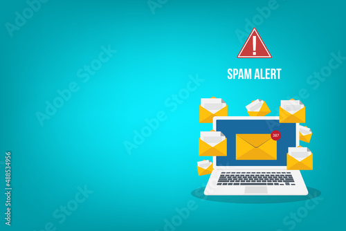 Spamming concept, a lot of emails on the screen of a monitor. Email box hacking, spam warning. Vector illustration.