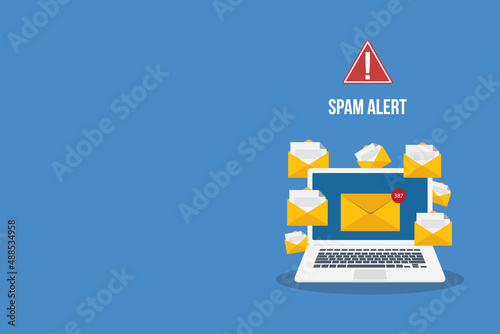 Spamming concept, a lot of emails on the screen of a monitor. Email box hacking, spam warning. Vector illustration.