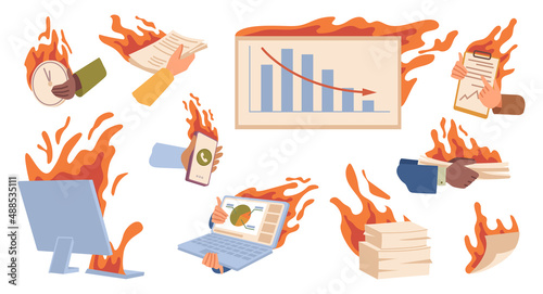 Deadline, work projects and urgent tasks for job, charts and paperwork in fire and flame. Vector plans and hurrying, management and organization in company. Overload and overworking, flat cartoon