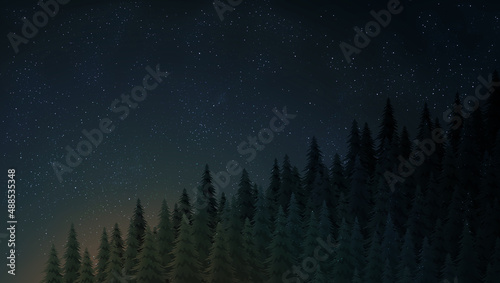 Starry night sky with fir tree background 전나무 배경 밤하늘 일러스트