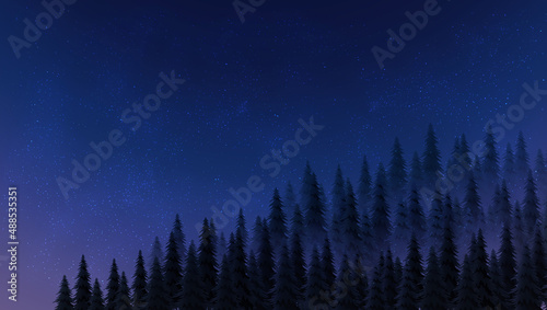 Starry night sky with fir tree background landscape 전나무 배경 밤하늘 일러스트
