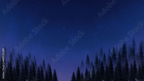 Starry night sky illustration with fir trees blue 전나무 배경 밤하늘 일러스트