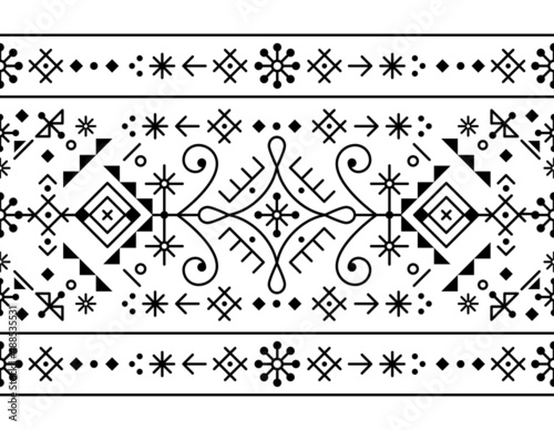 Icelandic folk art style tribal line art vector seamless patten - long horizontal ornament, textile or fabric print design inspired by Viking rune ornamnets
