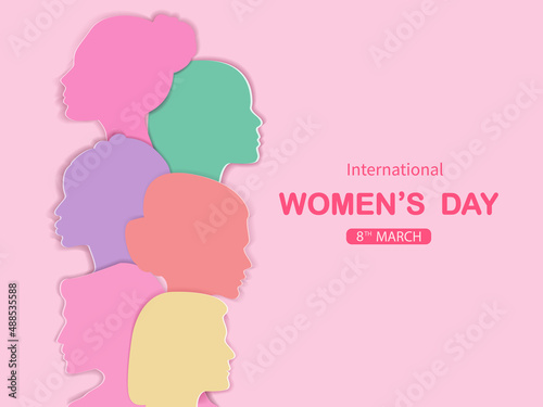 Fototapeta Naklejka Na Ścianę i Meble -  Women's Day banner or greeting card with womens faces .Mothers Day. Greeting card for 8 March.For brochures, postcards, tickets, banners.Womens History Month.