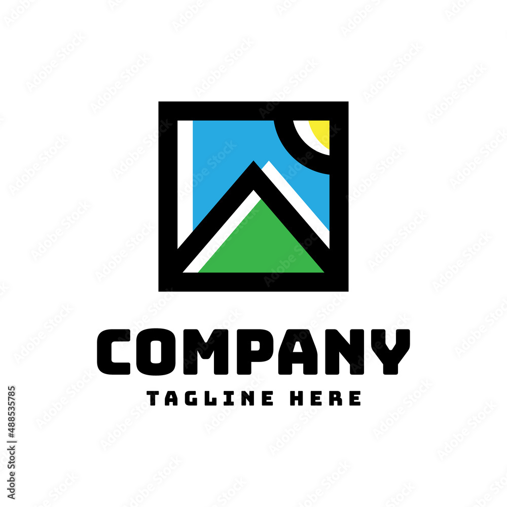 Naklejka premium mountain sun cartoon logo design