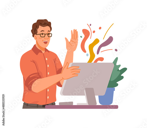 Overjoyed man by personal computer celebrating completion or project at work, victory and triumph. Vector male character with colorful screen, cheerful mood and success of corporate. Flat cartoon