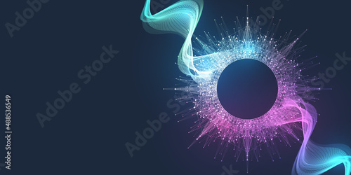 Music wave flow poster design with lines and dots. Sound flyer with abstract gradient line waves. Music abstract background, illustration concept photo