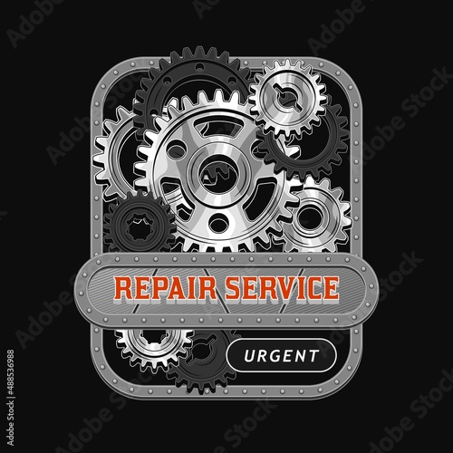 Vintage rectangular label with black  silver steel gears  metal rail  rivets  horizontal space for text. Emblem for repair service in steampunk style. . Good for craft design.