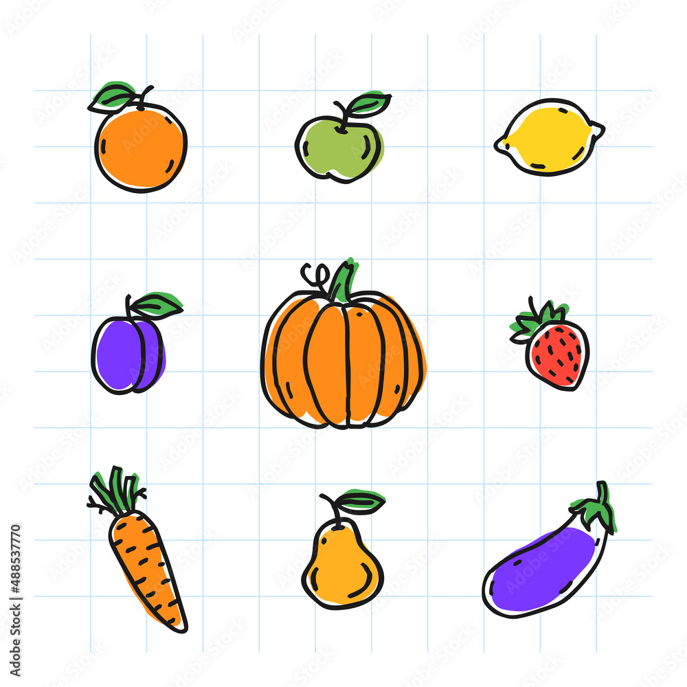 Fruits and vegetables illustrations set. Part two. Hand drawn. Vector Illustration Fruits and vegetables illustrations set. Part two. Hand drawn. Vector Illustration