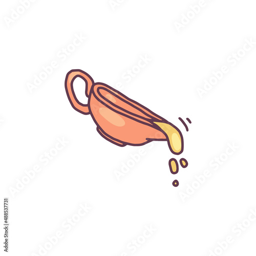Sauce in gravy boat in hand drawn doodle style, vector illustration isolated on white background.