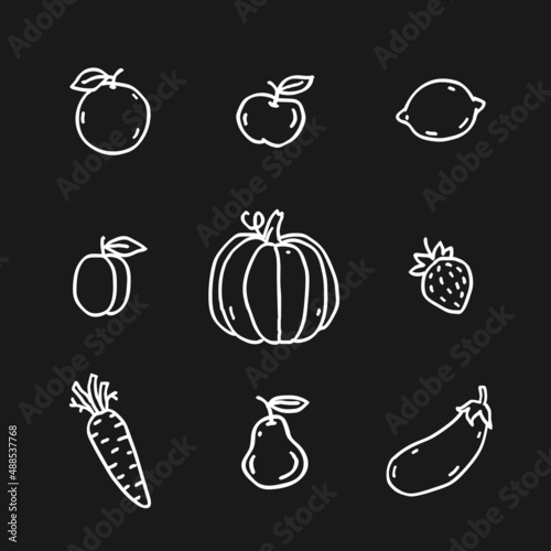 Fruits and vegetables illustrations set. Part two. White outline. Hand drawn. Vector Illustration