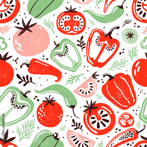 Seamless pattern doodle vegetables on white background. Red and green pepper, hot chili, tomatoes, jalapeno, paprika, seeds, herbs. Vegetables cut half, piece. Farm products. Hand drawn illustration.