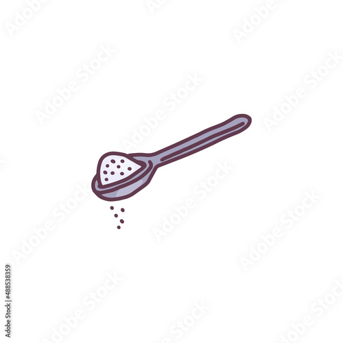 Metallic tea spoon with sea salt or sugar, doodle vector illustration isolated on white background.