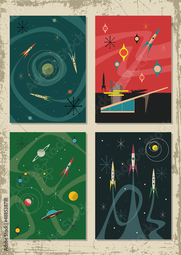 Mid Century Modern Style Retro Future Space Posters, Space Rockets and Flying Saucer, Planets and Stars, 1950s Colors and Shapes