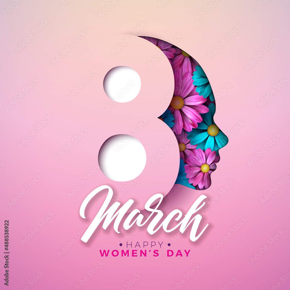 8 March International Womens Day Vector Illustration with Spring Colorful Flower in Young Woman Face Silhouette and Female Symbol on Light Pink Background. Women or Mother Day Theme Template for Flyer 8 March International Womens Day Vector Illustration with Spring Colorful Flower in Young Woman Face Silhouette and Female Symbol on Light Pink Background. Women or Mother Day Theme Template for Flyer