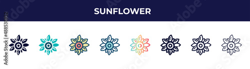 sunflower icon in 8 styles. line, filled, glyph, thin outline, colorful, stroke and gradient styles, sunflower vector sign. symbol, logo illustration. different style icons set.