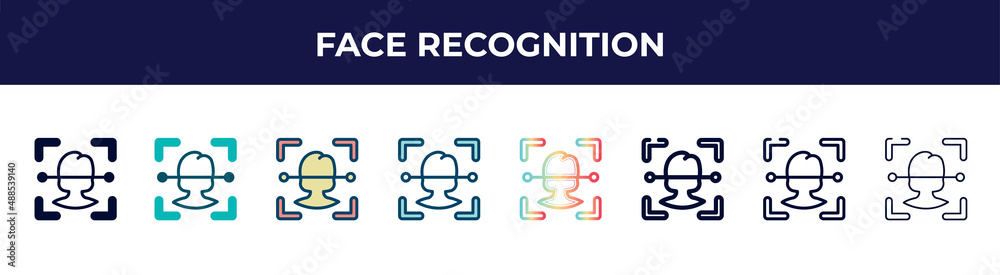 face recognition icon in 8 styles. line, filled, glyph, thin outline, colorful, stroke and gradient styles, face recognition vector sign. symbol, logo illustration. different style icons set. face recognition icon in 8 styles. line, filled, glyph, thin outline, colorful, stroke and gradient styles, face recognition vector sign. symbol, logo illustration. different style icons set.
