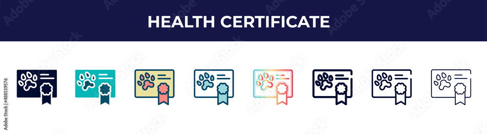 health certificate icon in 8 styles. line, filled, glyph, thin outline, colorful, stroke and gradient styles, health certificate vector sign. symbol, logo illustration. different style icons set. health certificate icon in 8 styles. line, filled, glyph, thin outline, colorful, stroke and gradient styles, health certificate vector sign. symbol, logo illustration. different style icons set.