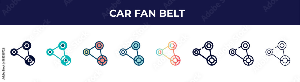 car fan belt icon in 8 styles. line, filled, glyph, thin outline, colorful, stroke and gradient styles, car fan belt vector sign. symbol, logo illustration. different style icons set. car fan belt icon in 8 styles. line, filled, glyph, thin outline, colorful, stroke and gradient styles, car fan belt vector sign. symbol, logo illustration. different style icons set.