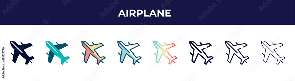 airplane icon in 8 styles. line, filled, glyph, thin outline, colorful, stroke and gradient styles, airplane vector sign. symbol, logo illustration. different style icons set.