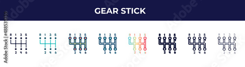 gear stick icon in 8 styles. line, filled, glyph, thin outline, colorful, stroke and gradient styles, gear stick vector sign. symbol, logo illustration. different style icons set.