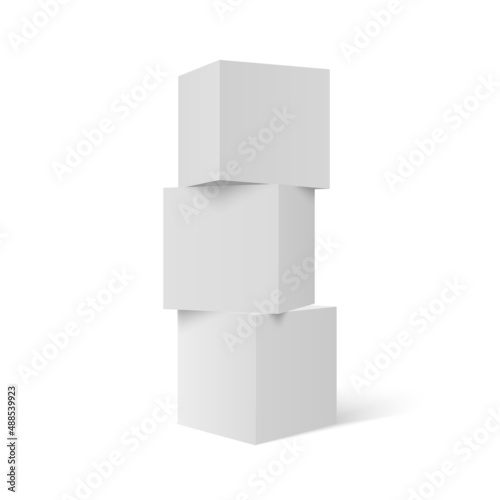 Three 3D stacked cubes. Column of white cubes. Geometric shapes background.