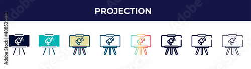 projection icon in 8 styles. line, filled, glyph, thin outline, colorful, stroke and gradient styles, projection vector sign. symbol, logo illustration. different style icons set.