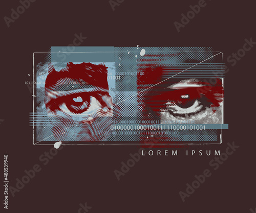 Abstract banner with human eyes and place for text on a black background. Modern vector illustration. Digital vision. Security technology and surveillance. Digital scaning and eye recognition