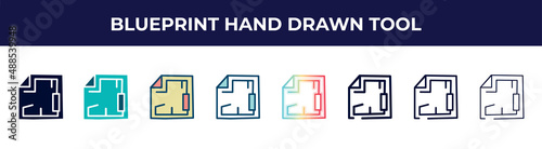 blueprint hand drawn tool icon in 8 styles. line, filled, glyph, thin outline, colorful, stroke and gradient styles, blueprint hand drawn tool vector sign. symbol, logo illustration. different style