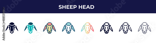 sheep head icon in 8 styles. line, filled, glyph, thin outline, colorful, stroke and gradient styles, sheep head vector sign. symbol, logo illustration. different style icons set.