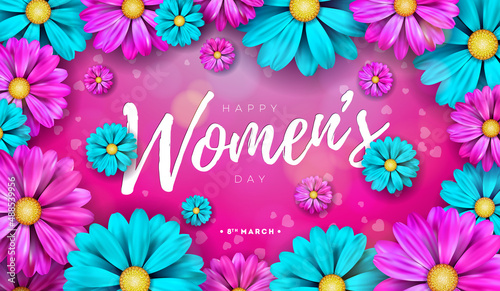 Happy Women's Day Floral Illustration. 8 March International Womens Day Vector Design with Colorful Spring Flower on Pink Background. Woman or Mother Day Theme Template for Flyer, Greeting Card, Web